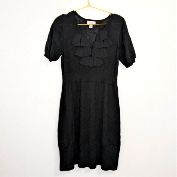 Ann Taylor LOFT Medium Black Ruffle Merino Wool Blend Knee Length Dress - Picture 1 of 8